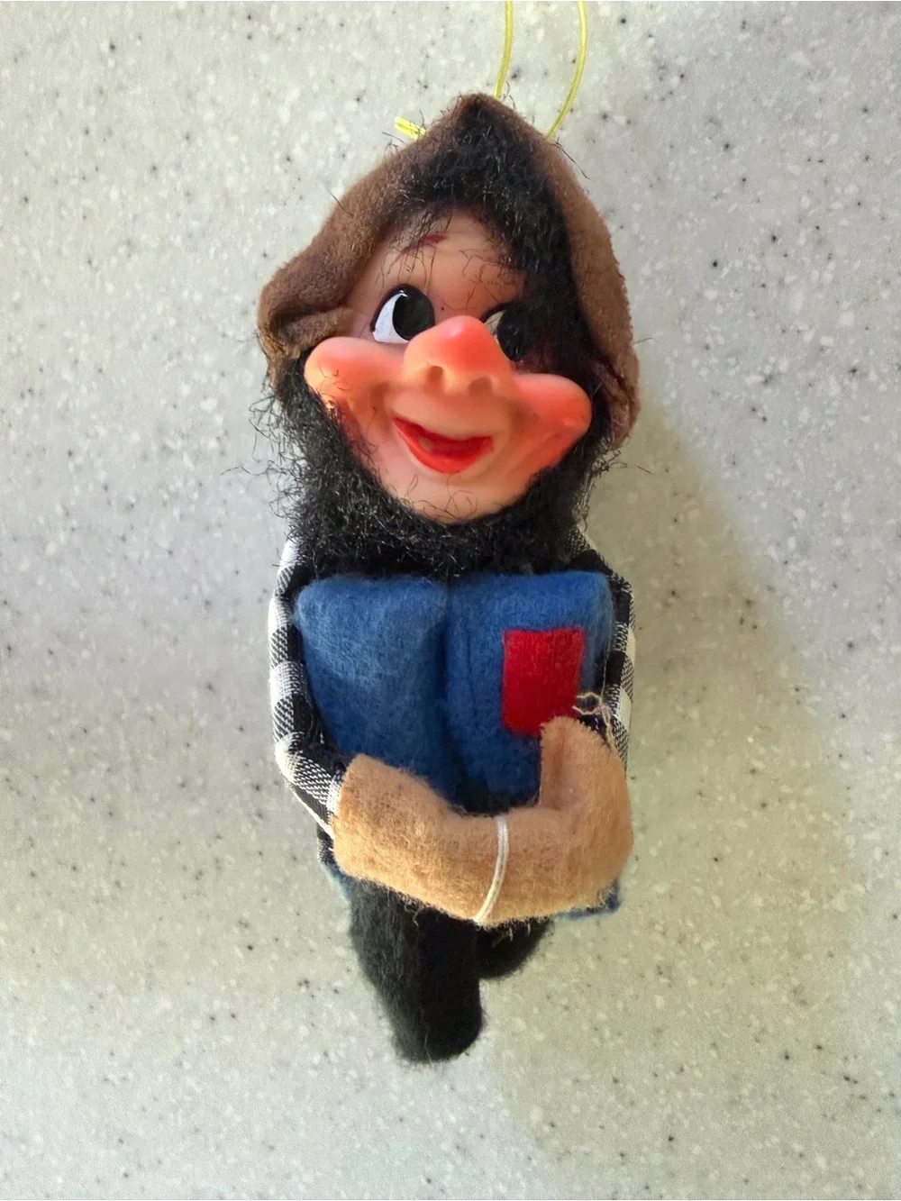 Vintage Christmas 50s 60s Hillbilly Gnome Tree Hugger Ornament. Black Hair. MCM